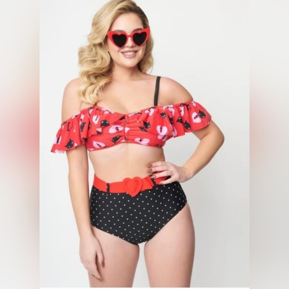 Unique Vintage Other - Unique Vintage Red Top w/Black Cat & Pink Heart Print Bikini, Emily the Strange